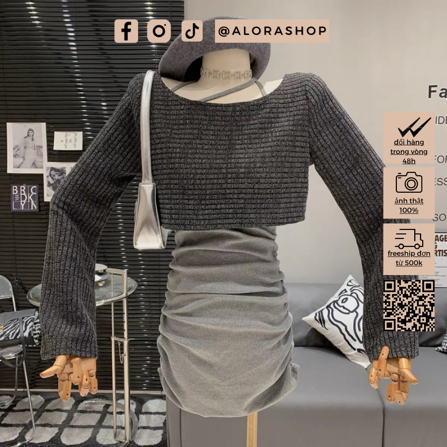 Set 2 món váy cổ yếm dúm 2 bên kèm áo croptop ghi, đen thời trang nữ Alora