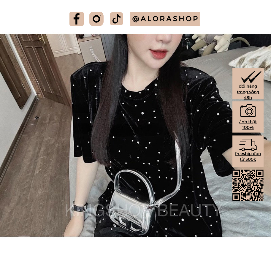 Áo phông nhung đính đá dáng rộng dấu quần tay lỡ thời trang nữ Alora