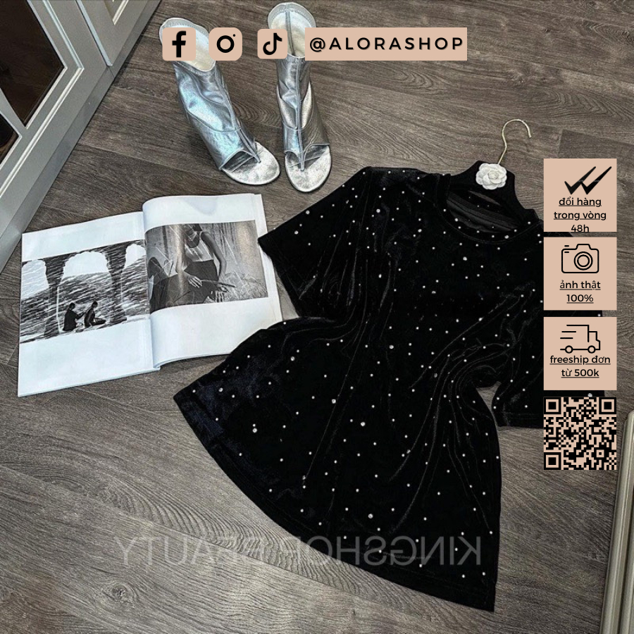 Áo phông nhung đính đá dáng rộng dấu quần tay lỡ thời trang nữ Alora