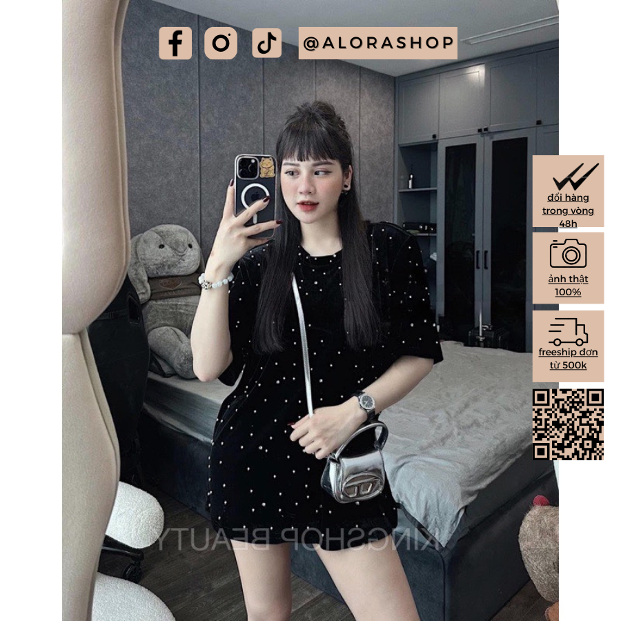 Áo phông nhung đính đá dáng rộng dấu quần tay lỡ thời trang nữ Alora