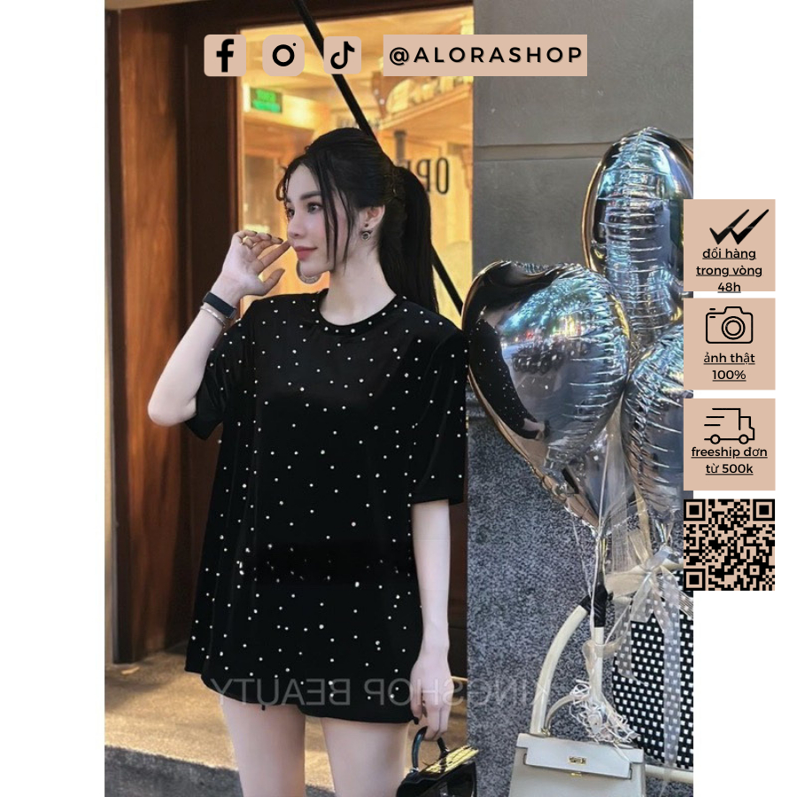 Áo phông nhung đính đá dáng rộng dấu quần tay lỡ thời trang nữ Alora