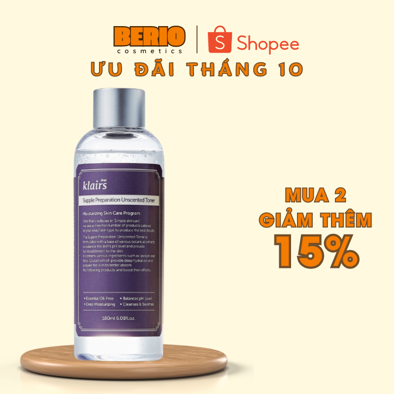 Nước hoa hồng không mùi dưỡng ẩm da và làm mềm da Klairs Supple Preparation Unscented 180ml