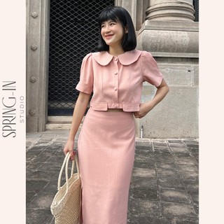 Set váy nữ thiết kế áo có tay và chân váy dài linen màu pastel SPRING-IN