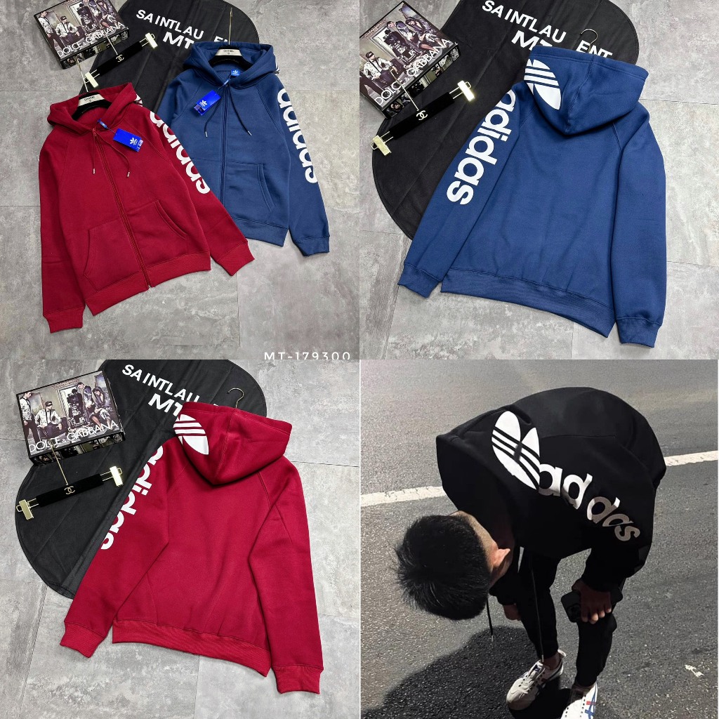 Áo Khoác Hoodie A Di Đát Họa Tiết Chữ Ở Tay Cả Mũ Siêu Đẹp . Áo Hoodie Nam Nữ Vải Nỉ Bông Dày Dặn