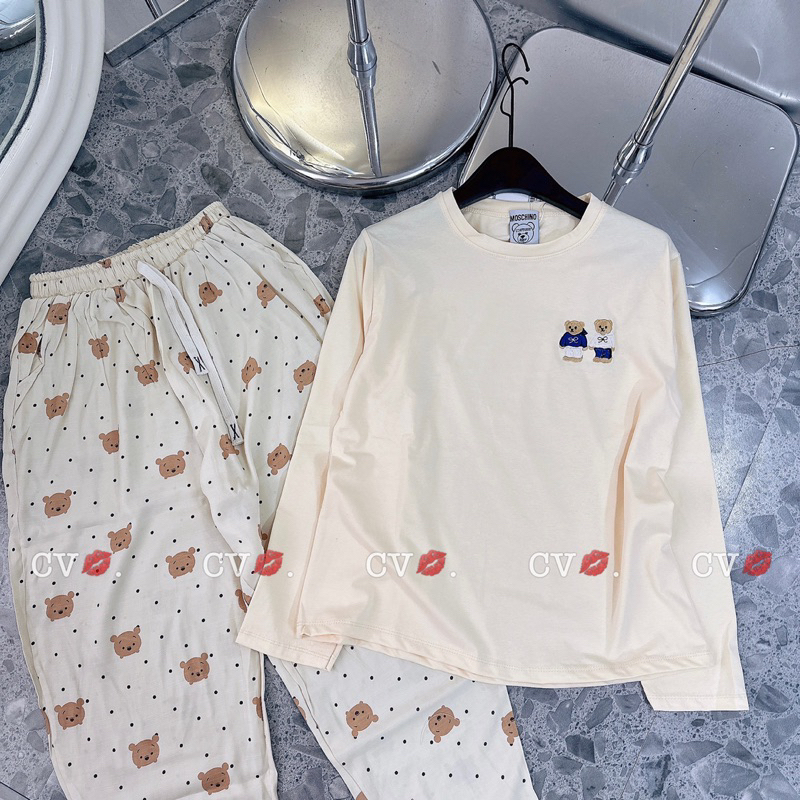 Bộ Cotton Tàu Áo Thêu Gấu Phối Quần Đũi Dài Thu Đông