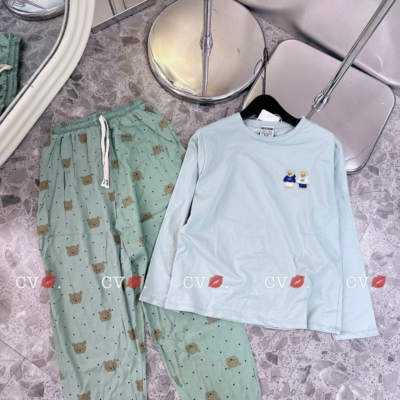 Bộ Cotton Tàu Áo Thêu Gấu Phối Quần Đũi Dài Thu Đông