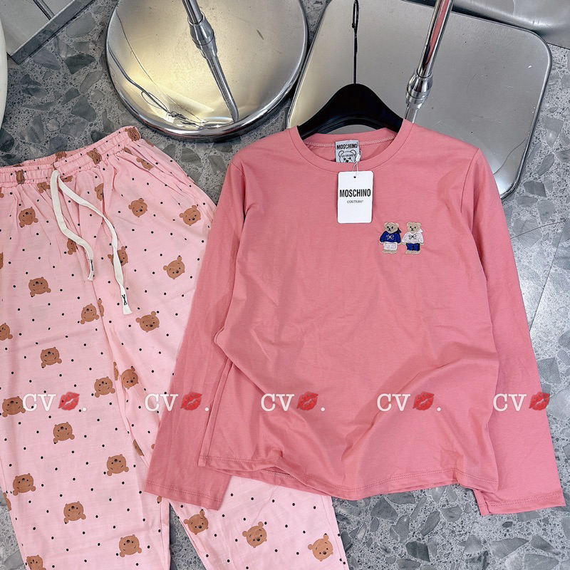 Bộ Cotton Tàu Áo Thêu Gấu Phối Quần Đũi Dài Thu Đông