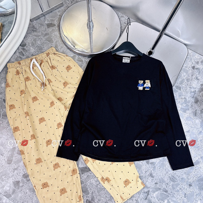 Bộ Cotton Tàu Áo Thêu Gấu Phối Quần Đũi Dài Thu Đông