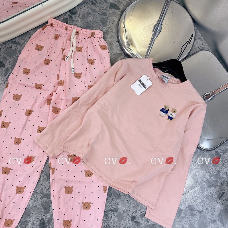 Bộ Cotton Tàu Áo Thêu Gấu Phối Quần Đũi Dài Thu Đông