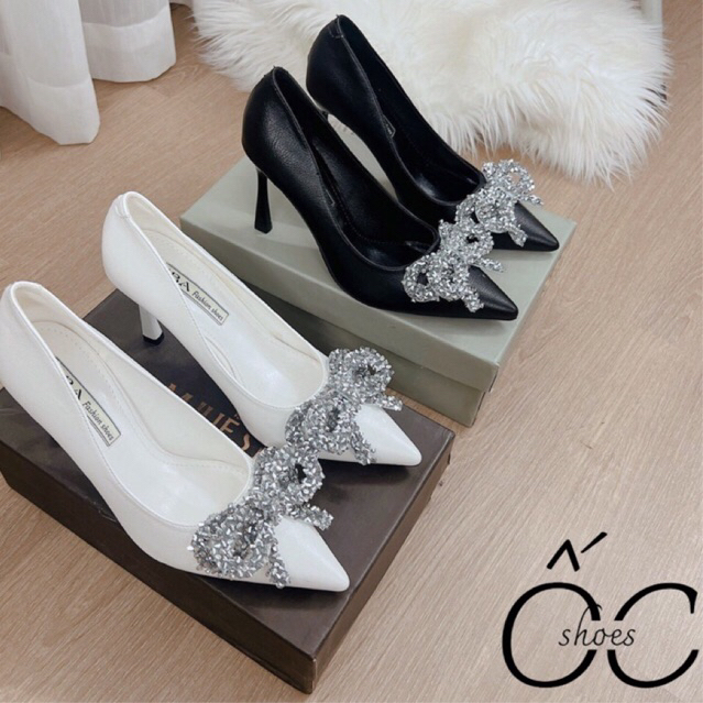 Giày cao gót gắn nơ đá, giày cưới mũi nhọn, gót nhọn 8cm mã OEC52