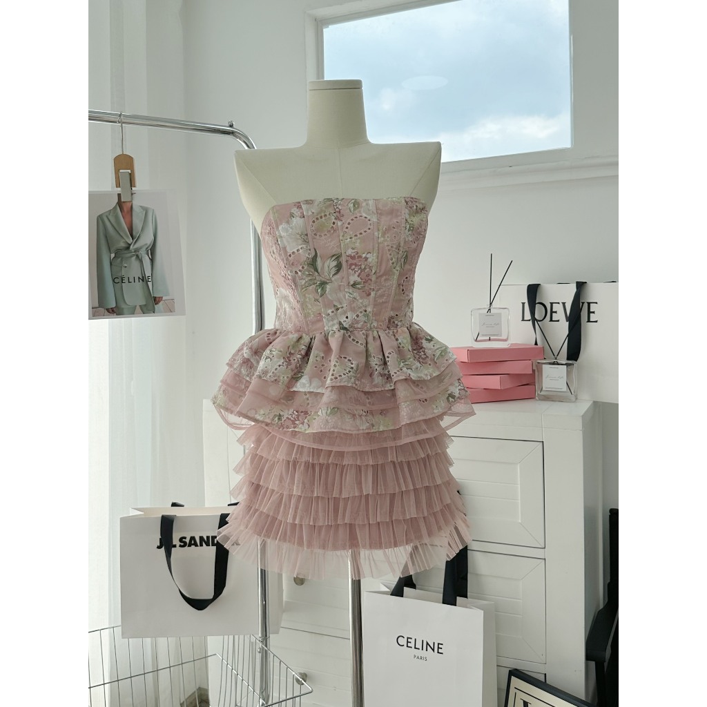 SET ÁO PEPLUM HOA ỐNG REN + CHÂN VÁY HỒNG TẦNG LƯỚI