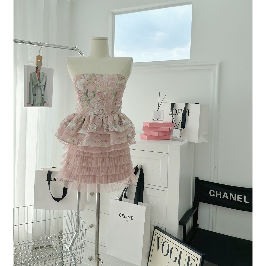 SET ÁO PEPLUM HOA ỐNG REN + CHÂN VÁY HỒNG TẦNG LƯỚI