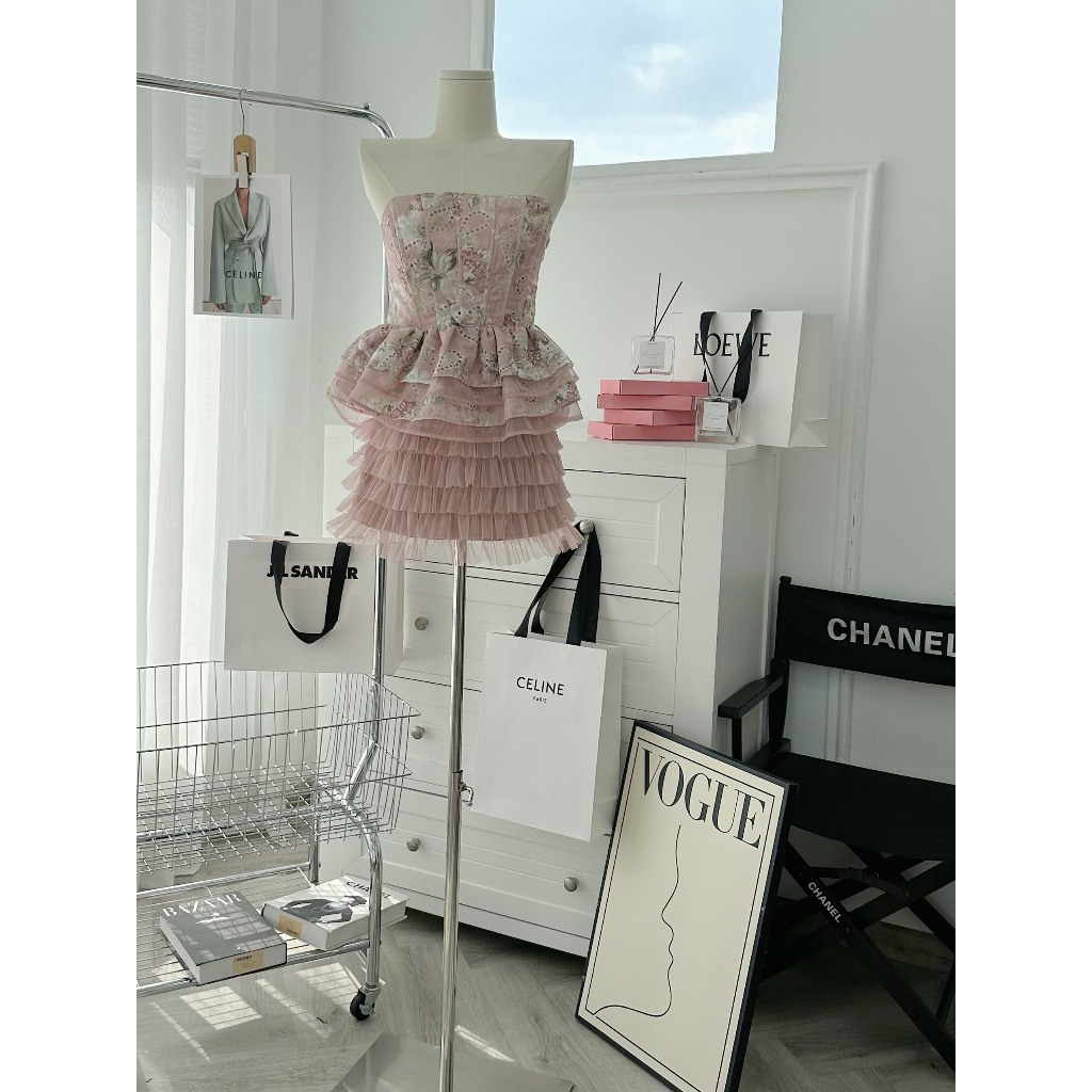 SET ÁO PEPLUM HOA ỐNG REN + CHÂN VÁY HỒNG TẦNG LƯỚI