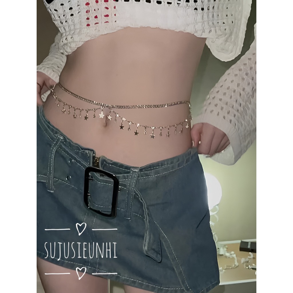 Dây xích đeo eo 2 tầng trang trí váy hoặc cơ thể hình ngôi sao đính đá nhân tạo