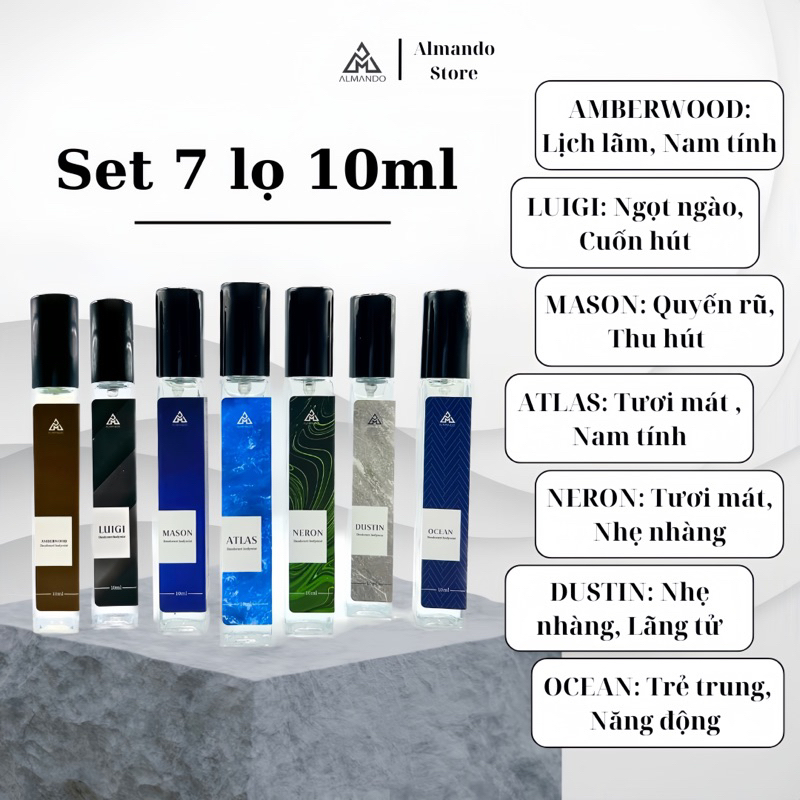 Set 7 mùi bodymist nam Almando 10ml