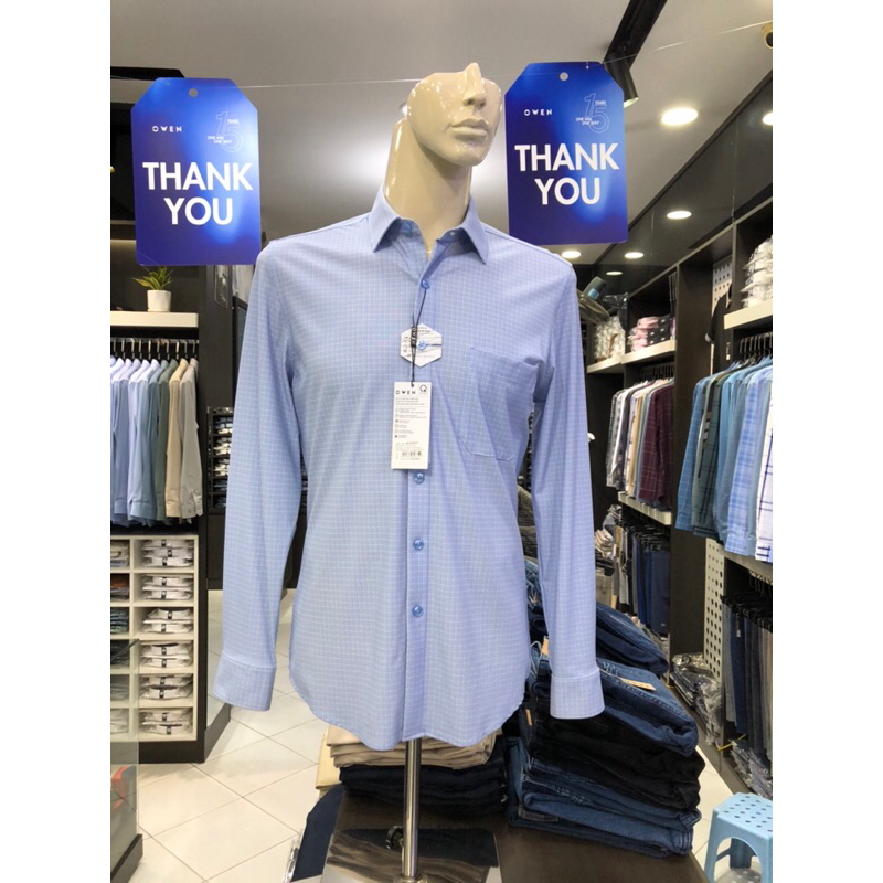 Áo sơ mi owen dài tay màu caro xanh sáng regular fit vải knit dòng cao cấp AR230097DT