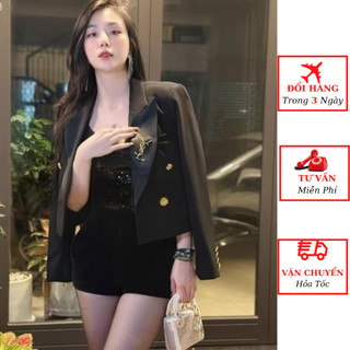 Áo vest blazer nữ dáng ngắn huy hiệu dài tay công sở 2 lớp cao cấp hàn quốc