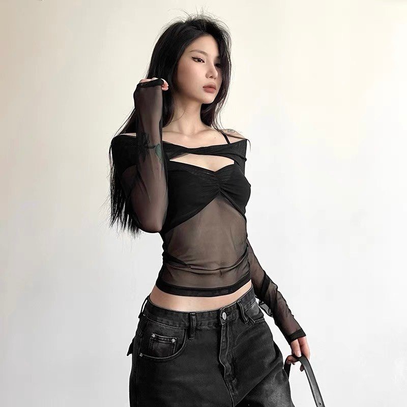 Áo Lưới Tay Dài Kiểu Xoắn Ngực Phong Cách Xuyên Thấu Quyến Rũ