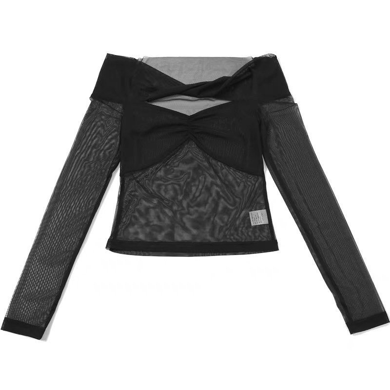 Áo Lưới Tay Dài Kiểu Xoắn Ngực Phong Cách Xuyên Thấu Quyến Rũ