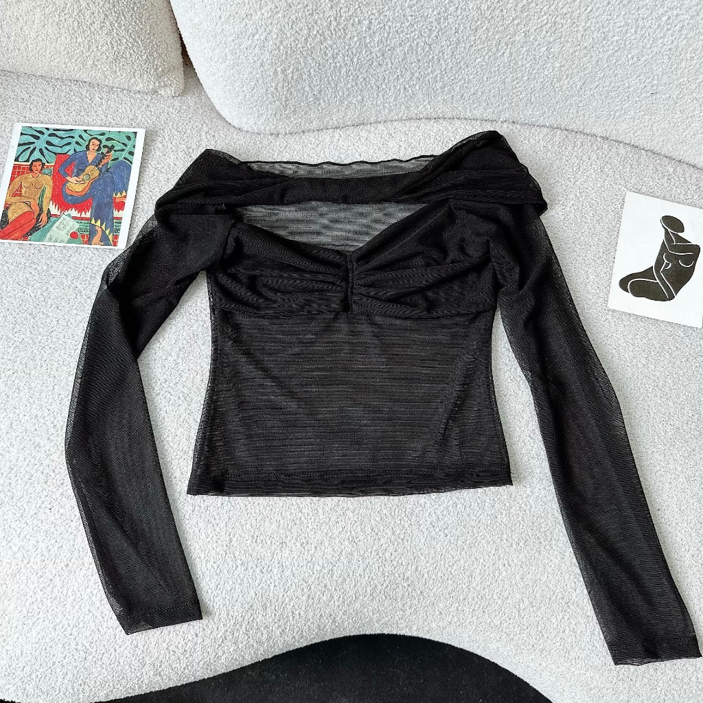 Áo Lưới Tay Dài Kiểu Xoắn Ngực Phong Cách Xuyên Thấu Quyến Rũ