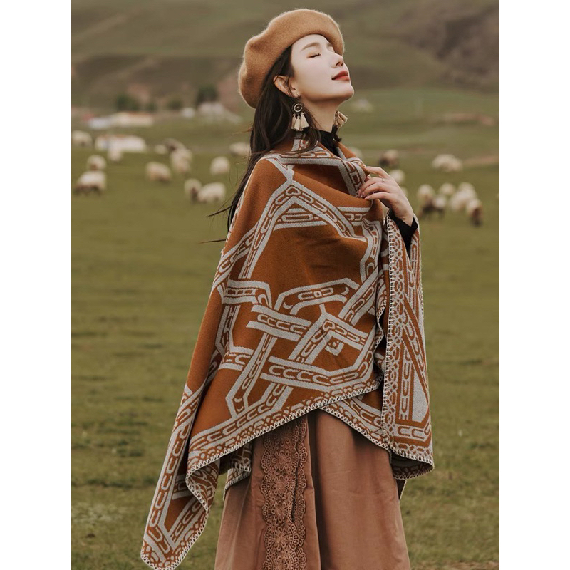 Áo Choàng Len Dạ Kết Hợp Khăn Choàng Dày Dặn Hoạ Tiết Vintage Khoác Thu Đông