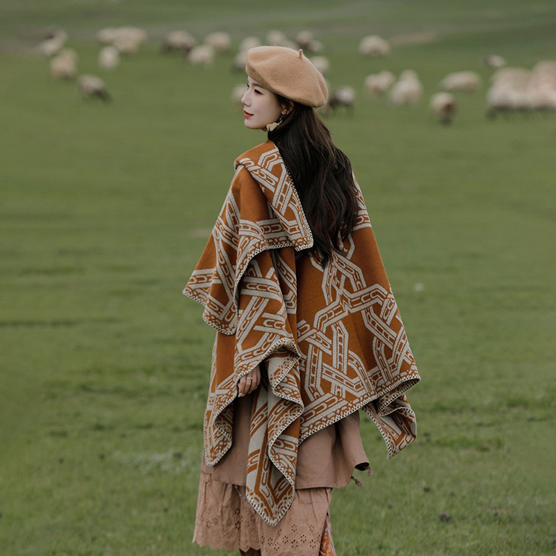 Áo Choàng Len Dạ Kết Hợp Khăn Choàng Dày Dặn Hoạ Tiết Vintage Khoác Thu Đông