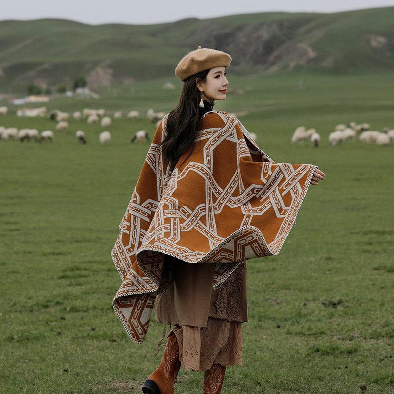 Áo Choàng Len Dạ Kết Hợp Khăn Choàng Dày Dặn Hoạ Tiết Vintage Khoác Thu Đông