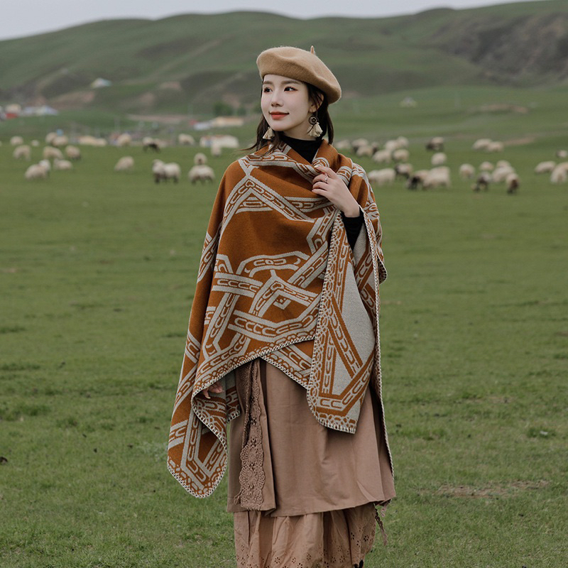 Áo Choàng Len Dạ Kết Hợp Khăn Choàng Dày Dặn Hoạ Tiết Vintage Khoác Thu Đông