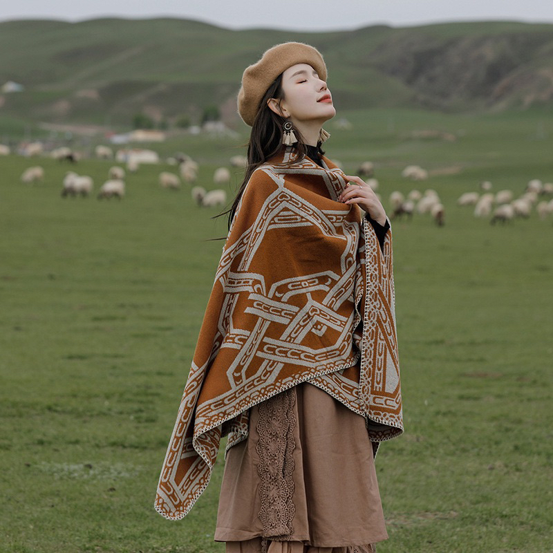 Áo Choàng Len Dạ Kết Hợp Khăn Choàng Dày Dặn Hoạ Tiết Vintage Khoác Thu Đông