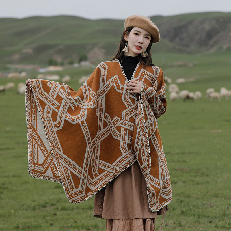 Áo Choàng Len Dạ Kết Hợp Khăn Choàng Dày Dặn Hoạ Tiết Vintage Khoác Thu Đông