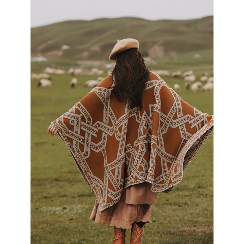 Áo Choàng Len Dạ Kết Hợp Khăn Choàng Dày Dặn Hoạ Tiết Vintage Khoác Thu Đông