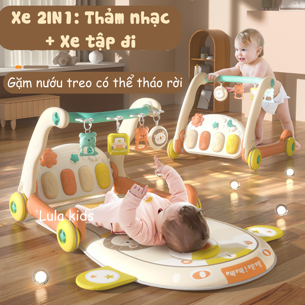 Thảm đàn nhạc cho bé sơ sinh nằm chơi kết hợp xe đẩy tập đi 2in1, piano kích thích giác quan thông minh Lula Kids