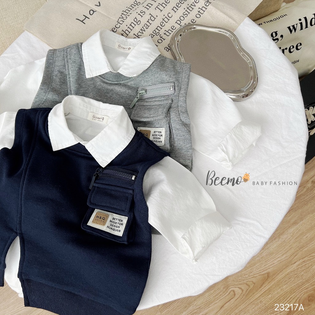 Áo gile nỉ da cá phối hộp cá tính, áo gi lê cá tính cho bé trai hàng đẹp Beemo