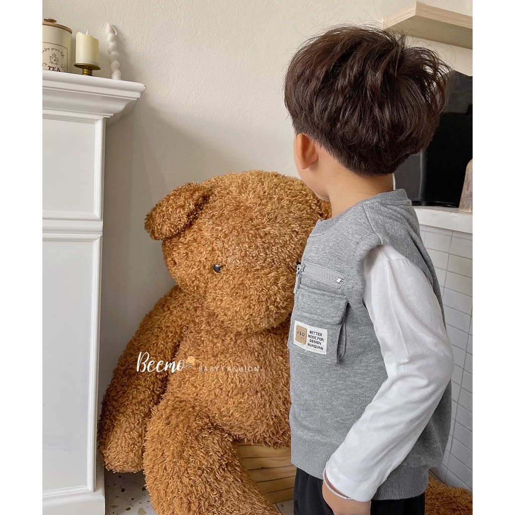 Áo gile nỉ da cá phối hộp cá tính, áo gi lê cá tính cho bé trai hàng đẹp Beemo