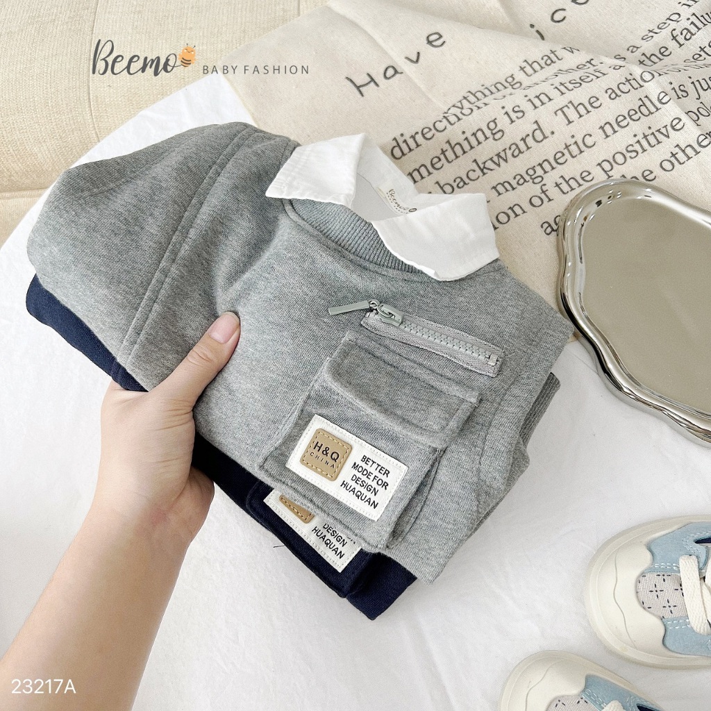 Áo gile nỉ da cá phối hộp cá tính, áo gi lê cá tính cho bé trai hàng đẹp Beemo