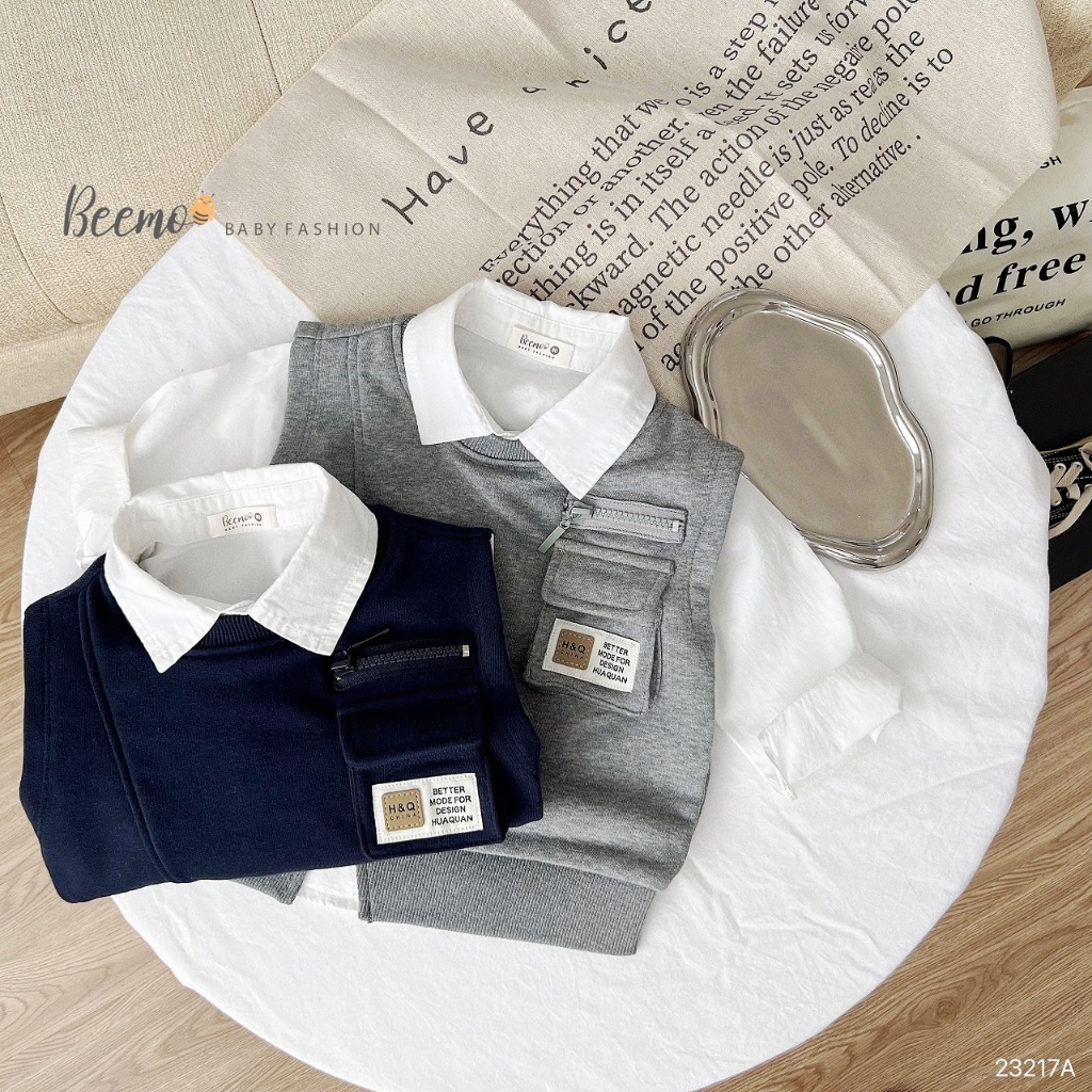 Áo gile nỉ da cá phối hộp cá tính, áo gi lê cá tính cho bé trai hàng đẹp Beemo