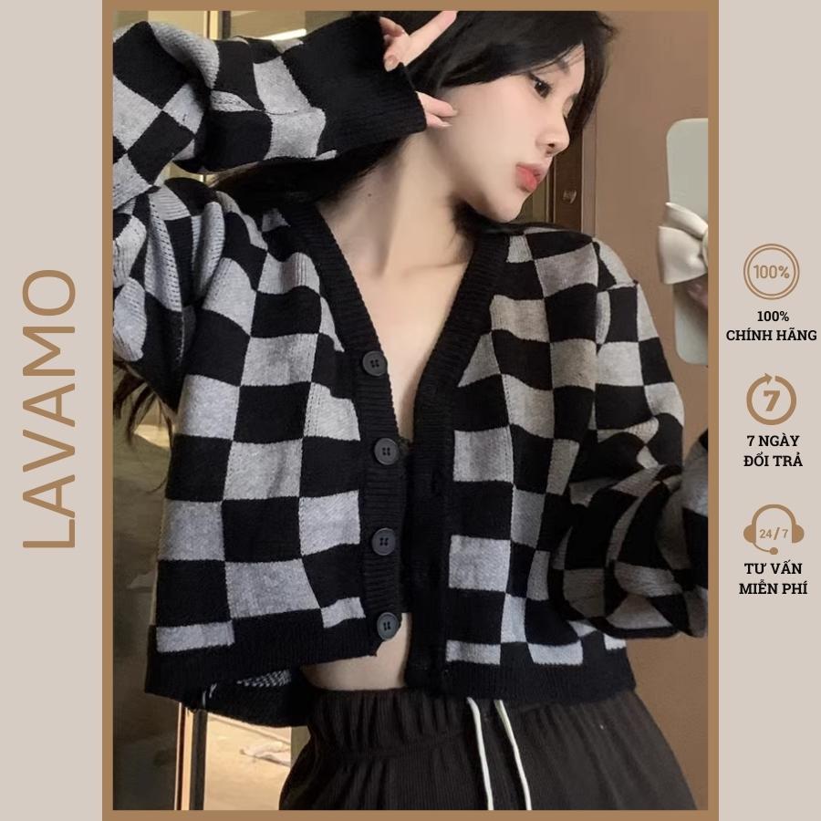 Áo khoác cardigan croptop len nữ bigsize dày mịn form rộng sọc nâu đen caro nút cài LUVAMO KD010