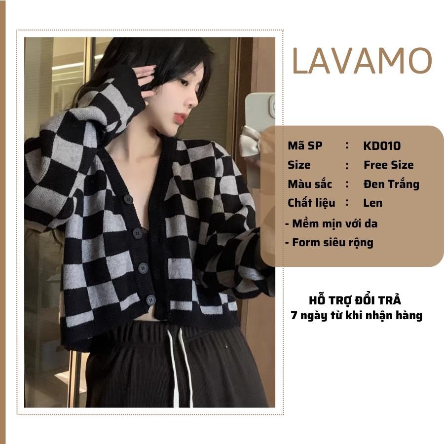 Áo khoác cardigan croptop len nữ bigsize dày mịn form rộng sọc nâu đen caro nút cài LUVAMO KD010
