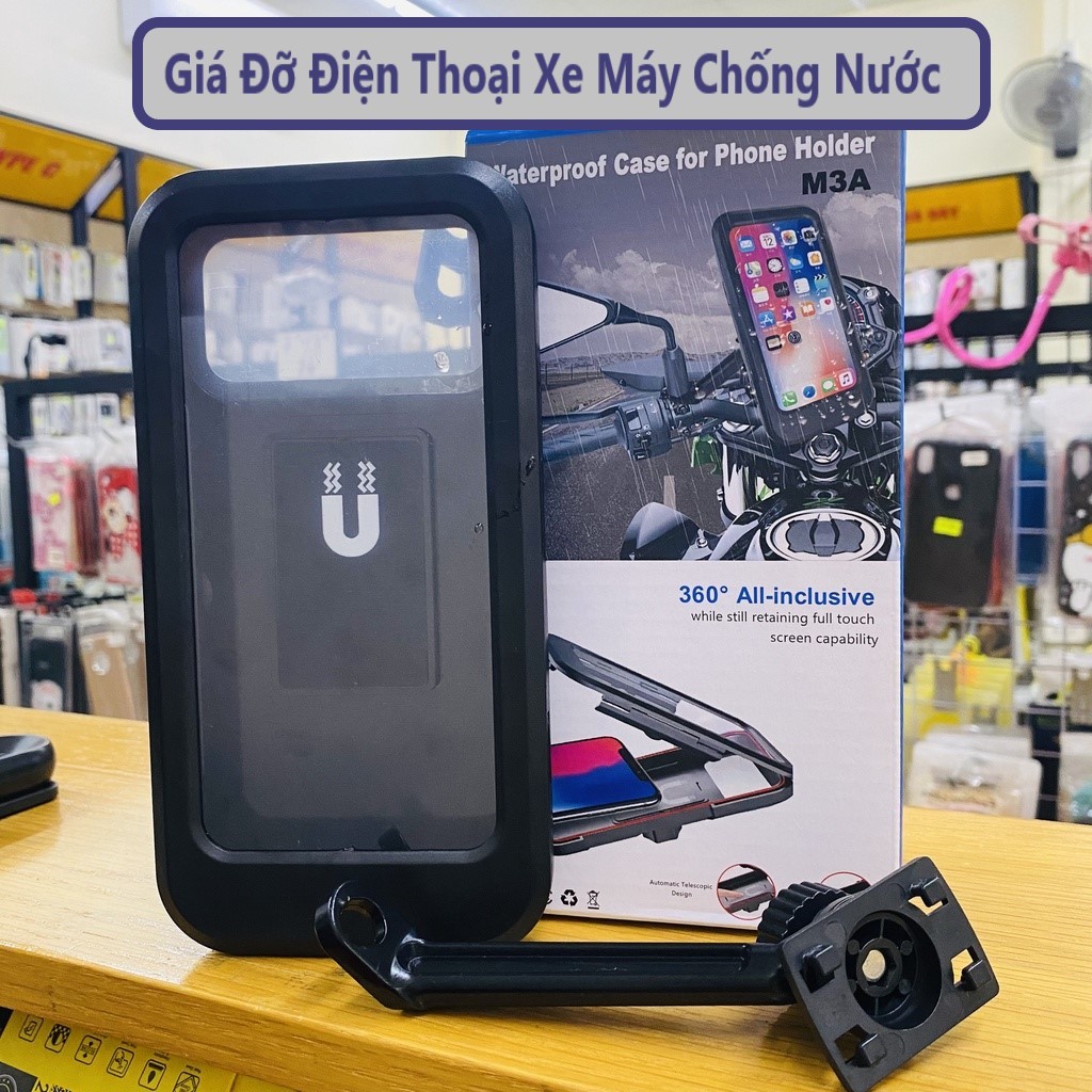 Kẹp giá đỡ điện thoại xe máy chống mưa gắn chân gương, Kệ điện thoại chống nước để cho xe máy đi mưa M3A - TuHaiStore