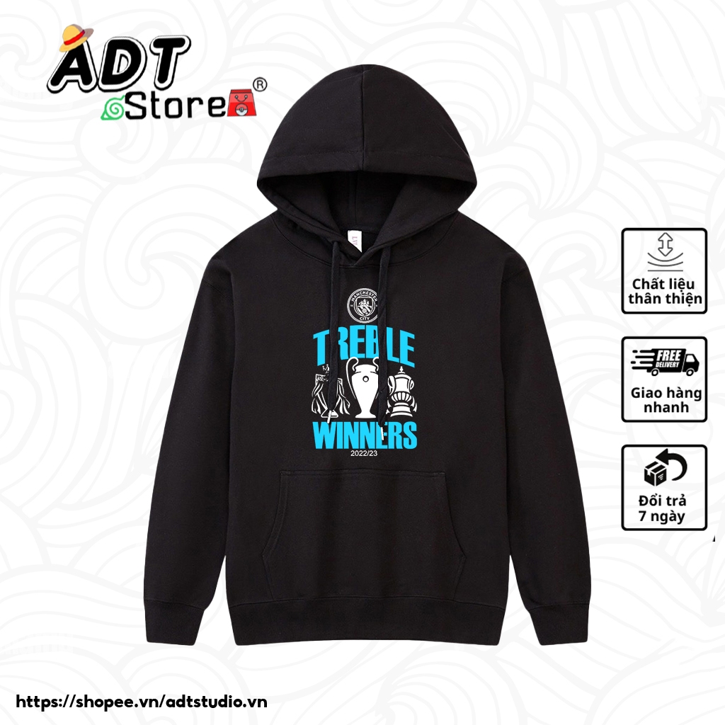 MẪU Áo hoodie Manchester City kỉ niệm cú ăn ba lịch sử, vải nỉ bông 2 lớp form rộng - Áo khoác có mũ Man City