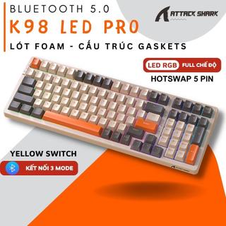 Bàn phím cơ bluetooth ko dây máy tính attack shark k98 full led rgb lót foam, cấu trúc gasket cao cấp, hotswap