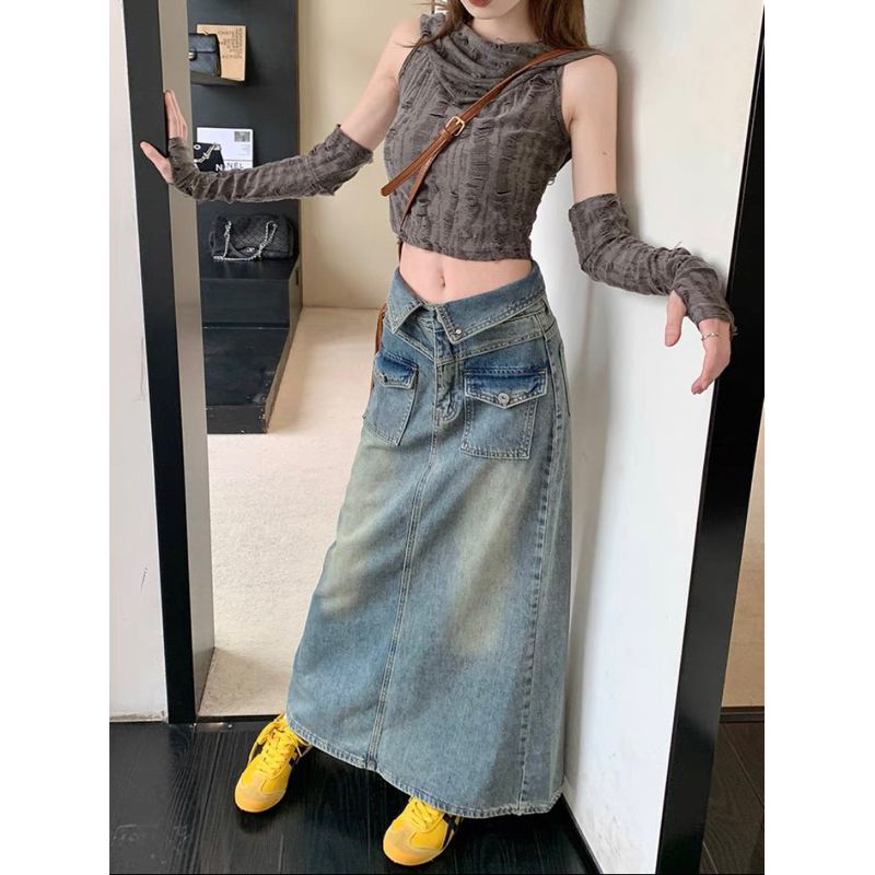 Chân Váy Jean Chữ a Lưng Cao Dáng Rộng Thời Trang Mùa Thu Cho Nữ