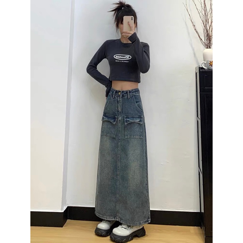 Chân Váy Jeans Chữ a Lưng Cao Phong Cách retro Cho Nữ