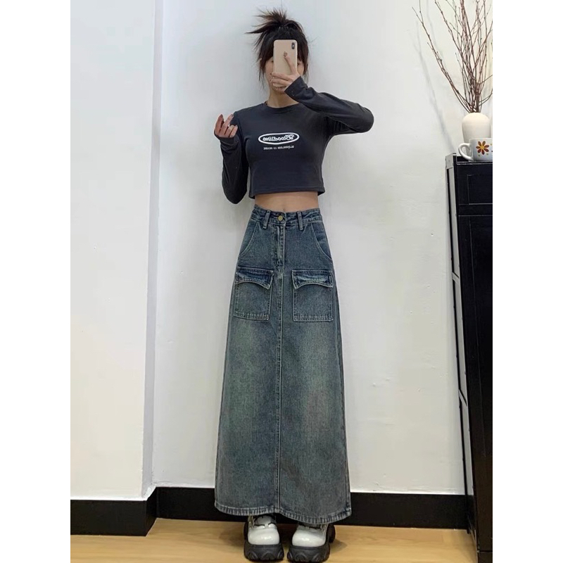 Chân Váy Jeans Chữ a Lưng Cao Phong Cách retro Cho Nữ