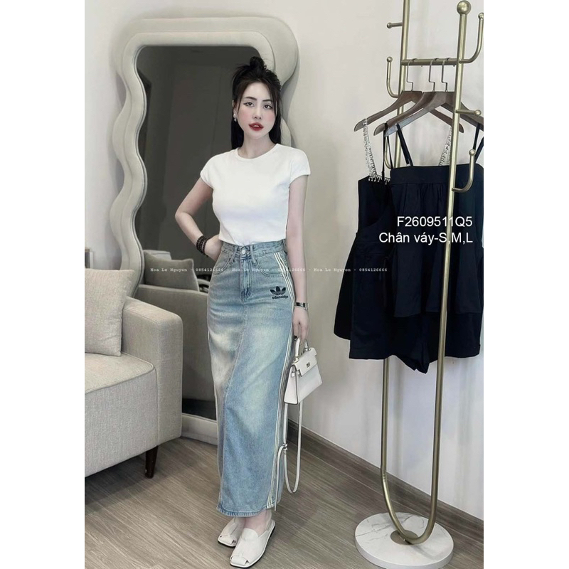 Chân váy jean viền sọc trắng 2 bên sườn dáng dài 0923 thaotranshop90 [kèm ảnh thật chụp sàn]