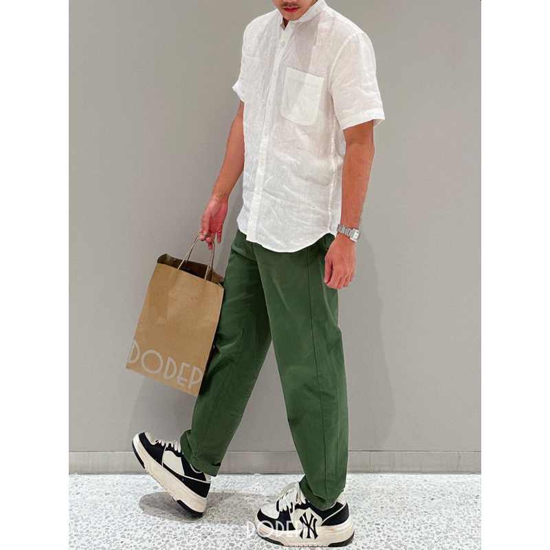 DODEP Áo sơmi ngắn tay linen premium cổ trụ
