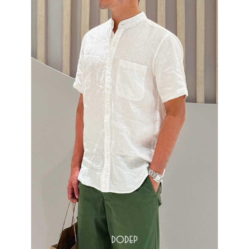 DODEP Áo sơmi ngắn tay linen premium cổ trụ