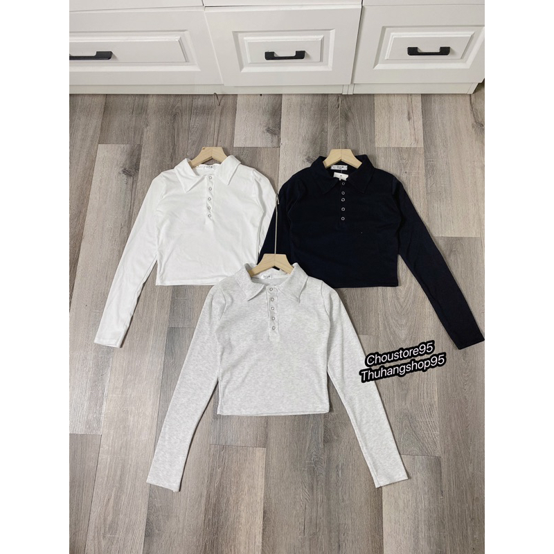Áo Croptop Nữ Trơn Dài Tay Cổ Polo Cúc Bấm, Áo Thun Dài Tay Ôm Body Chất Tăm Gân Co Giãn Basic 3 màu ĐEN/ XÁM/ TRẮNG