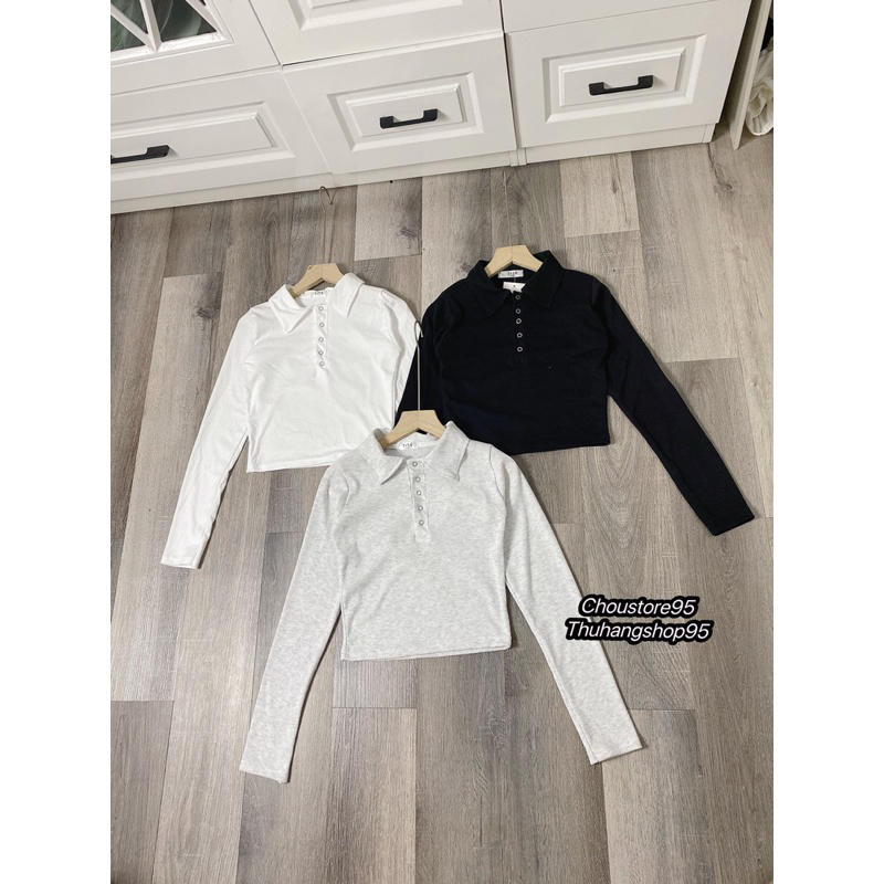 Áo Croptop Nữ Trơn Dài Tay Cổ Polo Cúc Bấm, Áo Thun Dài Tay Ôm Body Chất Tăm Gân Co Giãn Basic 3 màu ĐEN/ XÁM/ TRẮNG