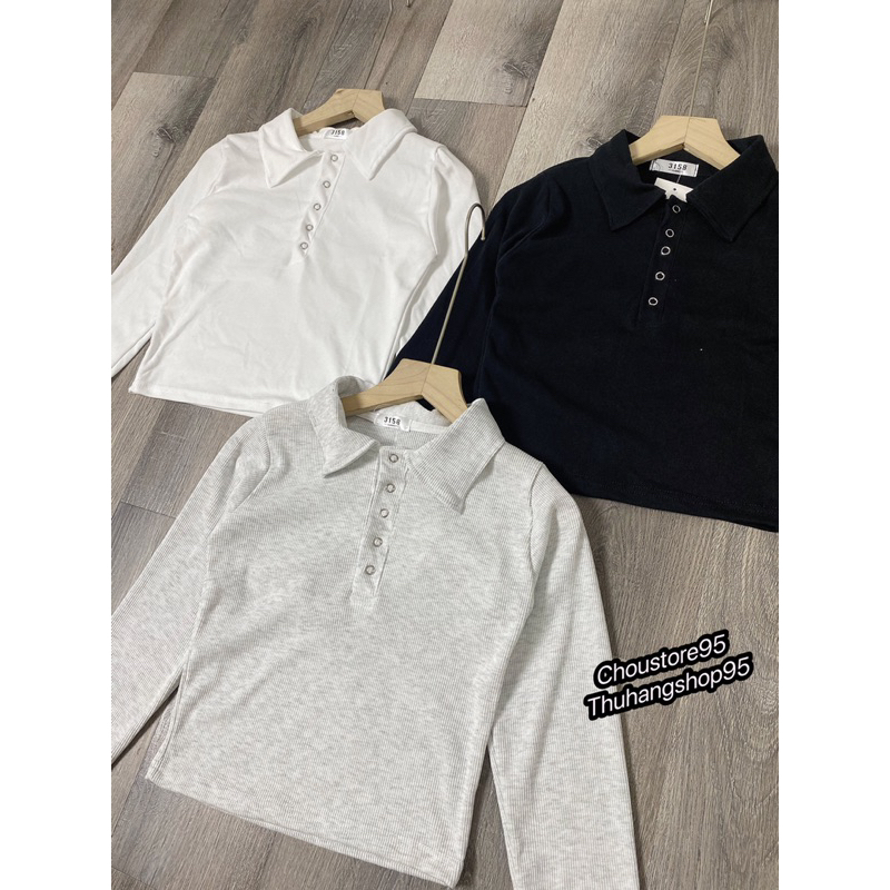 Áo Croptop Nữ Trơn Dài Tay Cổ Polo Cúc Bấm, Áo Thun Dài Tay Ôm Body Chất Tăm Gân Co Giãn Basic 3 màu ĐEN/ XÁM/ TRẮNG
